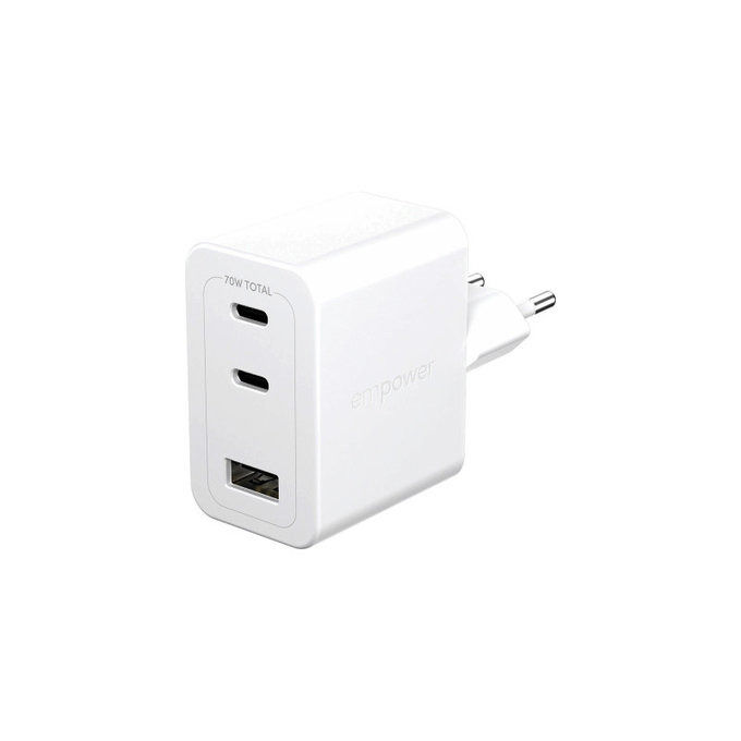 Cestovný adaptér Grand Prix 2x USB-C/USB-A, GaN, 70 W PD, Striebornobiela, empower
