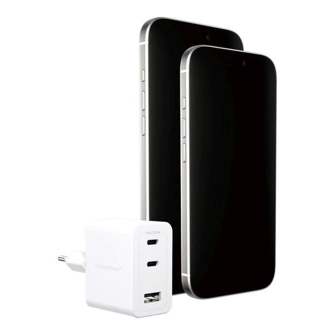 Cestovný adaptér Grand Prix 2x USB-C/USB-A, GaN, 70 W PD, Striebornobiela, empower