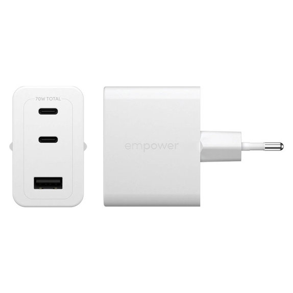 Cestovný adaptér Grand Prix 2x USB-C/USB-A, GaN, 70 W PD, Striebornobiela, empower