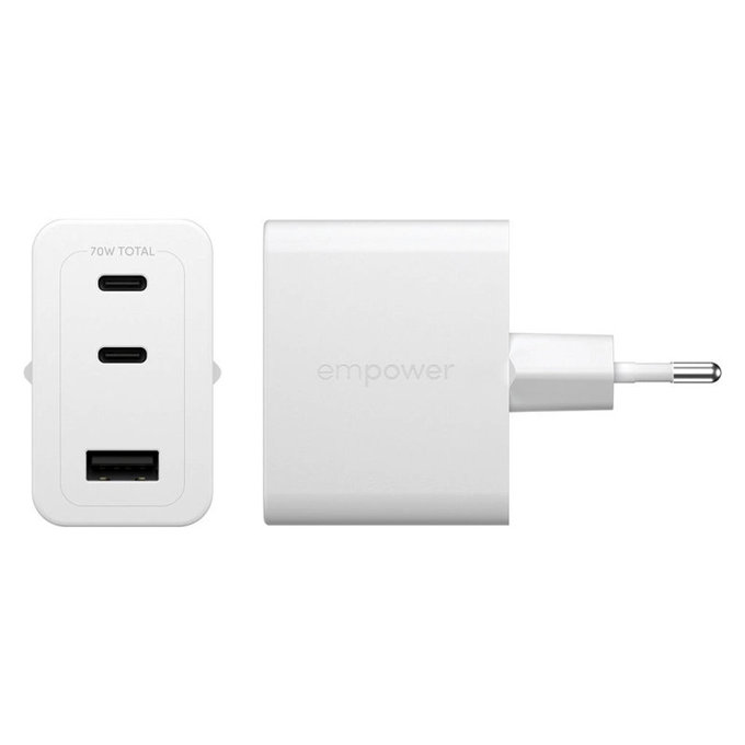Cestovný adaptér Grand Prix 2x USB-C/USB-A, GaN, 70 W PD, Striebornobiela, empower