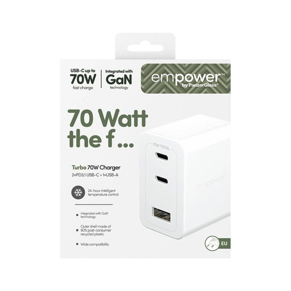 Cestovný adaptér Grand Prix 2x USB-C/USB-A, GaN, 70 W PD, Striebornobiela, empower