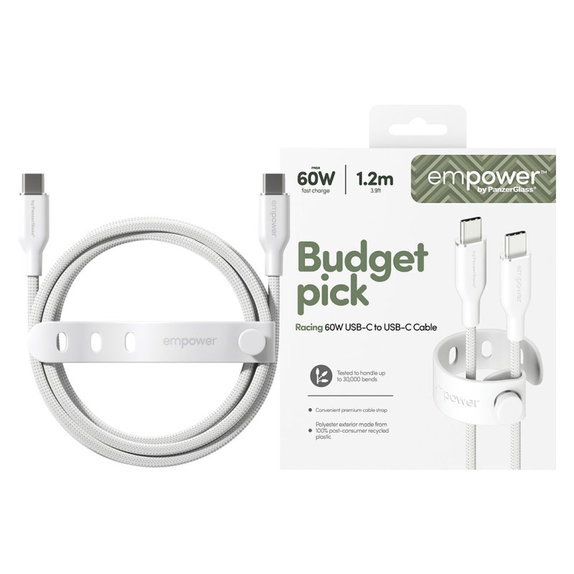 Kábel USB-C, 60 W, Racing, 1,2 m, striebornobiela, empower