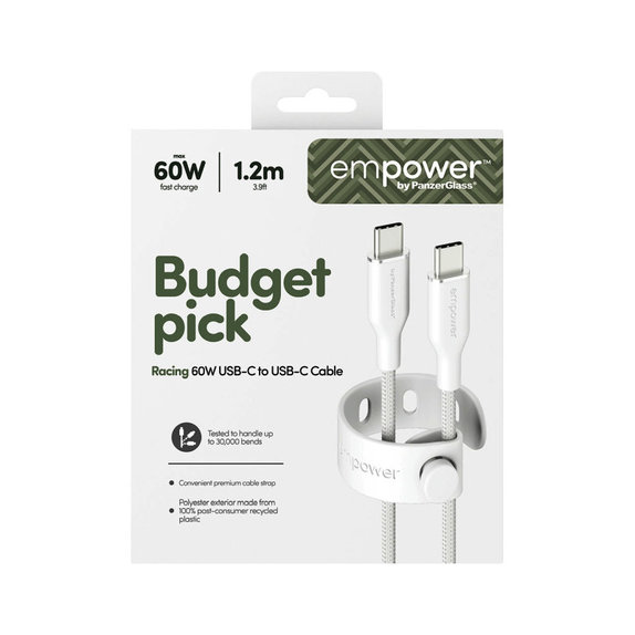 Kábel USB-C, 60 W, Racing, 1,2 m, striebornobiela, empower