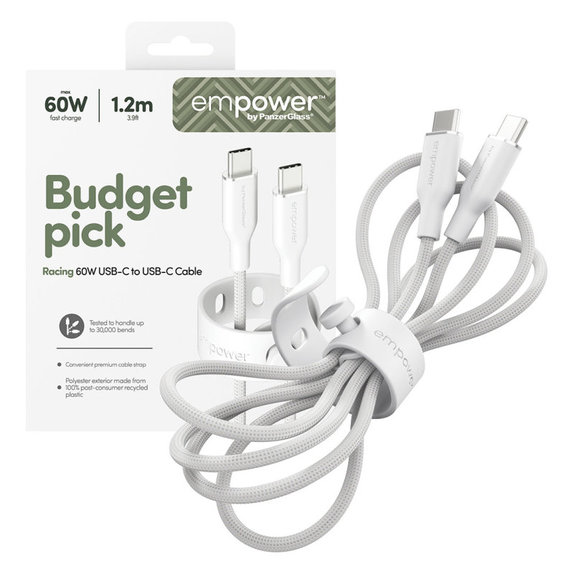 Kábel USB-C, 60 W, Racing, 1,2 m, striebornobiela, empower