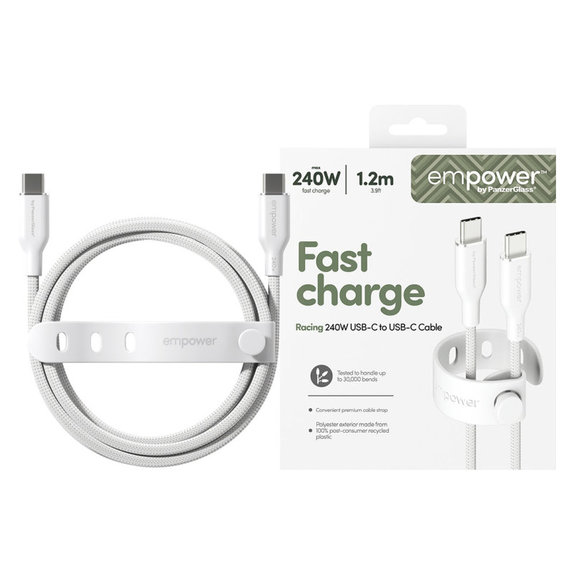 Kábel USB-C, 240 W, Racing, 1,2 m, striebornobiela, empower