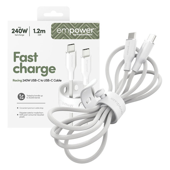 Kábel USB-C, 240 W, Racing, 1,2 m, striebornobiela, empower