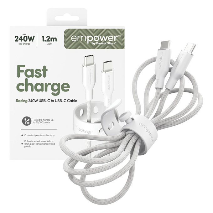 Kábel USB-C, 240 W, Racing, 1,2 m, striebornobiela, empower