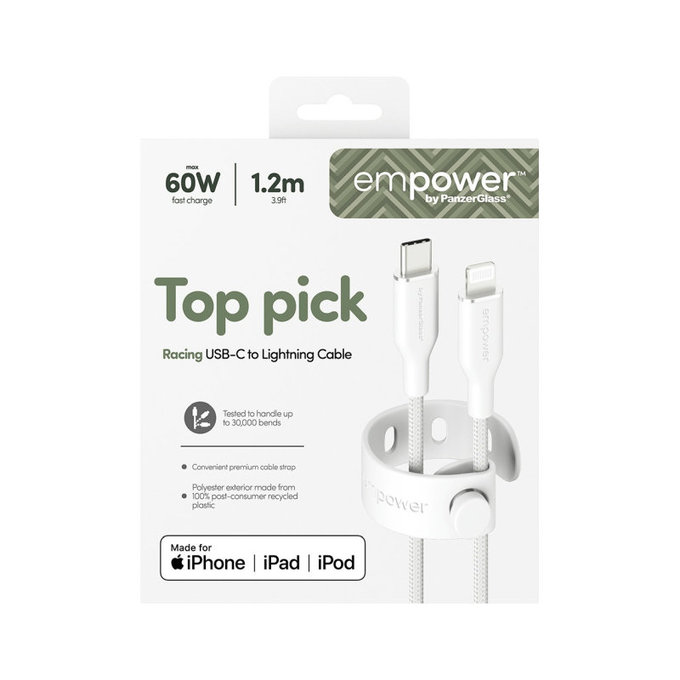 Kábel USB-C/Lightning, 60 W, Racing, 1,2 m, Striebornobiela, empower