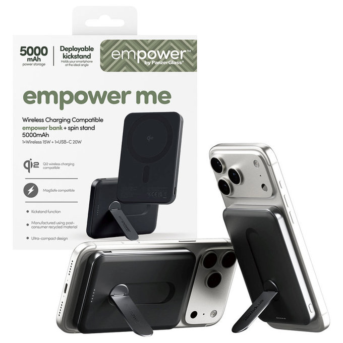 Bezdrôtová PowerBank 5000 mAh, s otočným stojanom 20 W, kompatibilná s MagSafe, Qi2/USB-C, Vesmírna čierna, empower