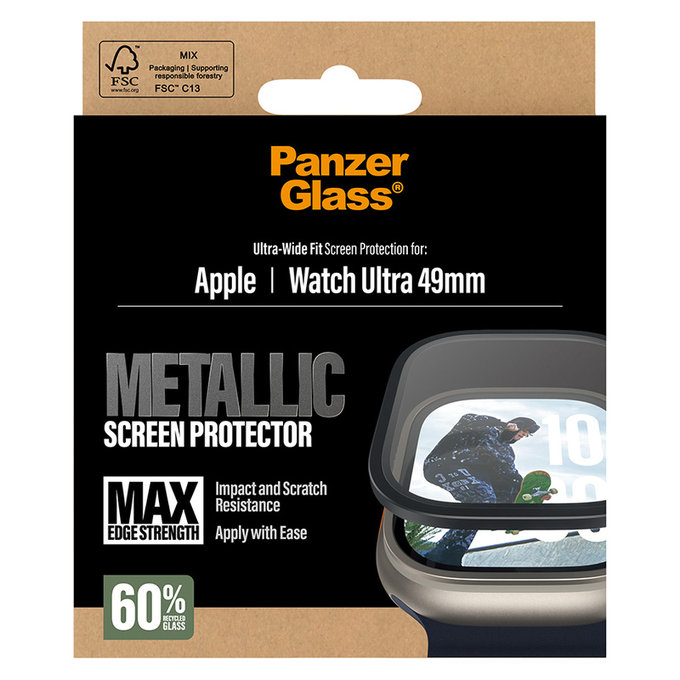 Tvrdené sklo UWF METALLIC pre Apple Watch Ultra 49 mm, Čierna, PanzerGlass
