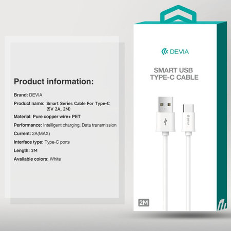 USB / USB-C kábel Smart, 2.1A, 2m, biela, Devia