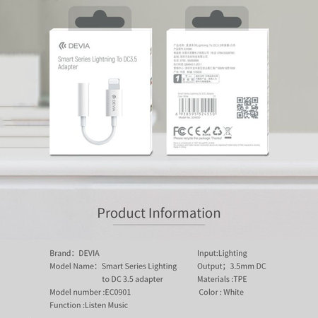 Adaptér Smart 3,5mm Jack / Lightning, biela, Devia