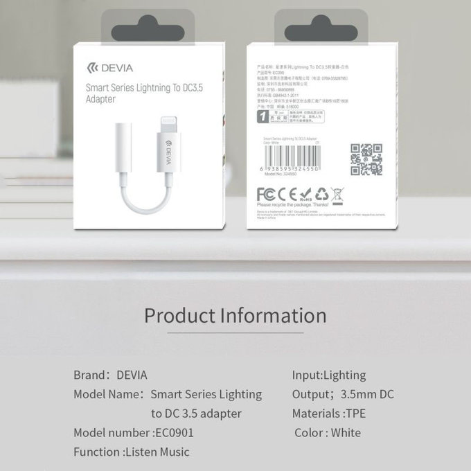 Adaptér Smart 3,5mm Jack / Lightning, biela, Devia