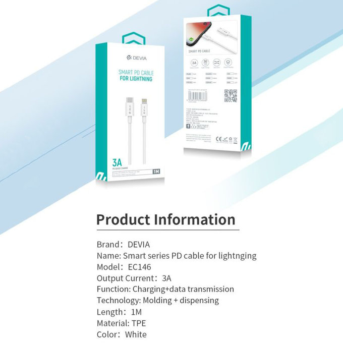 Lightning / USB-C kábel Smart, PD 20W, 1m, biela, Devia