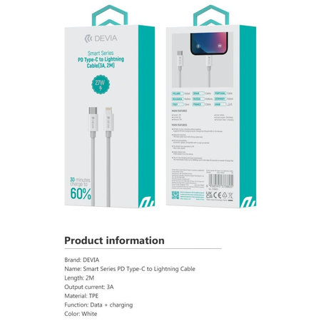 Lightning / USB-C kábel Smart, PD 27W, 2m, biela, Devia