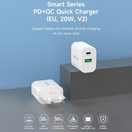 Nabíjací adaptér Smart USB-C + USB-A, PD 20W, biela, Devia
