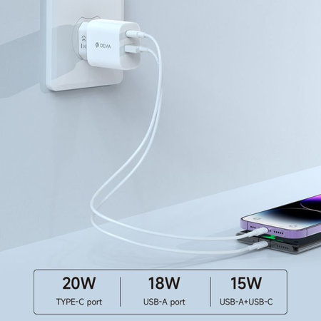 Nabíjací adaptér Smart USB-C + USB-A, PD 20W, biela, Devia