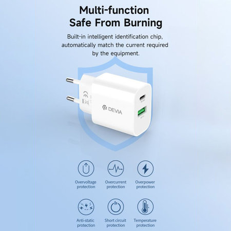 Nabíjací adaptér Smart USB-C + USB-A, PD 20W, biela, Devia