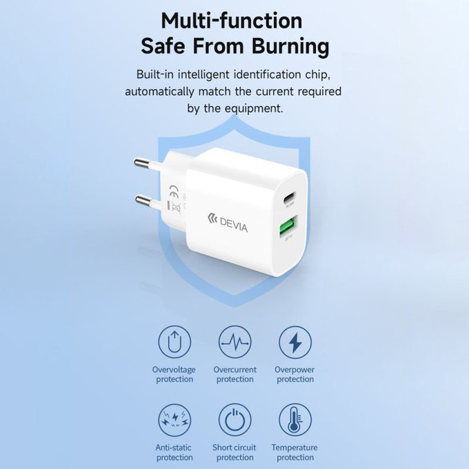 Nabíjací adaptér Smart USB-C + USB-A, PD 20W, biela, Devia