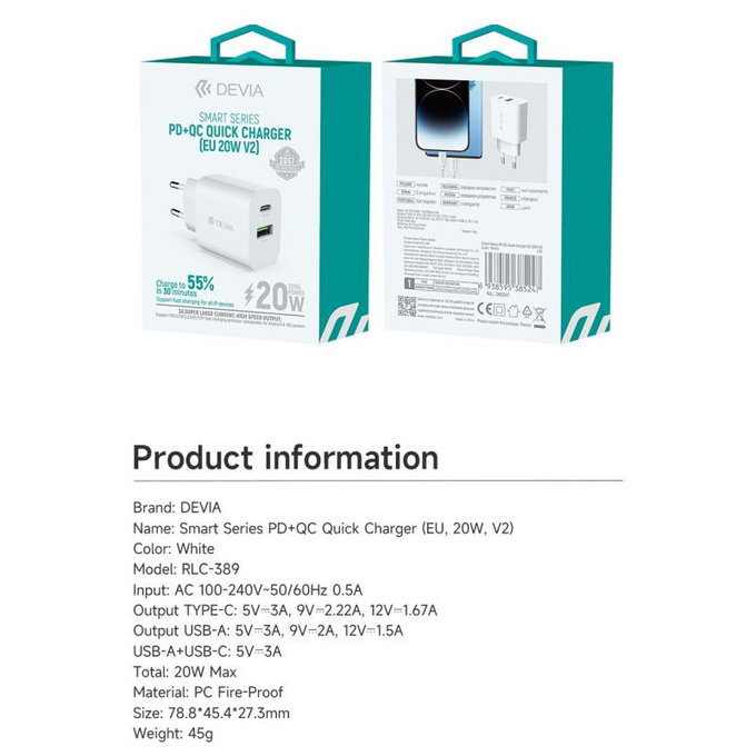 Nabíjací adaptér Smart USB-C + USB-A, PD 20W, biela, Devia