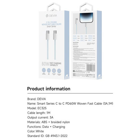 USB-C / USB-C kábel Smart, PD 60W, 1m, biela, Devia