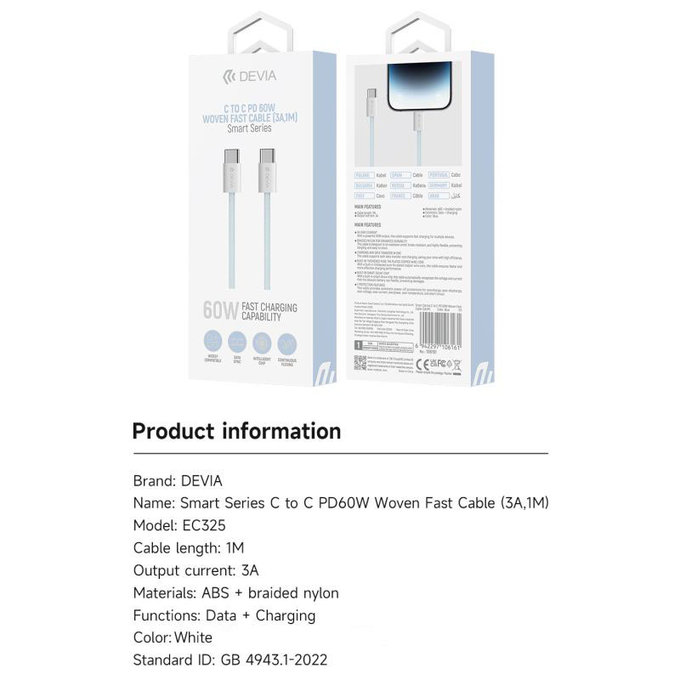 USB-C / USB-C kábel Smart, PD 60W, 1m, biela, Devia