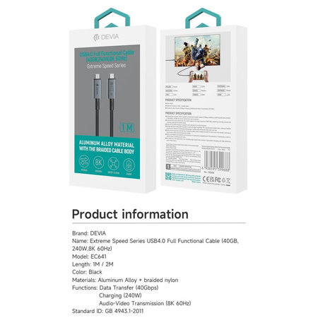 USB-C / USB-C kábel Extreme Speed, 240W, 8K 60Hz, 1m, čierna, Devia