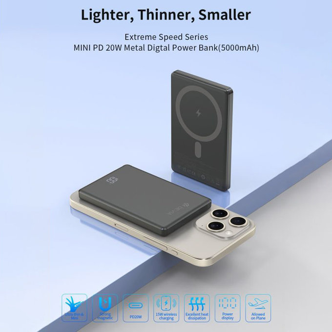 MagSafe PowerBank Extreme Speed Mini s displejom, PD 20W, 5000mAh, Space Grey, Devia