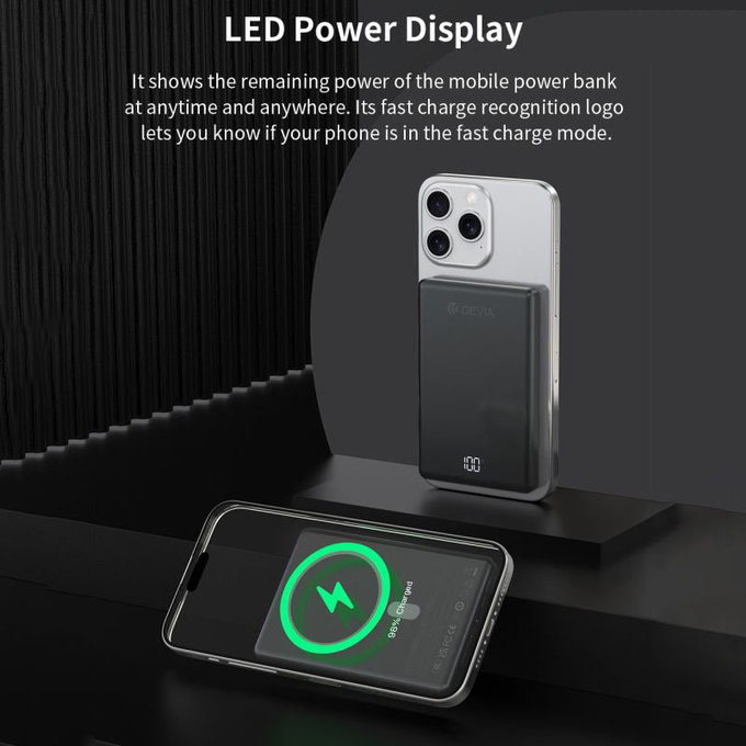 MagSafe PowerBank Extreme Speed Mini s displejom, PD 20W, 5000mAh, Space Grey, Devia