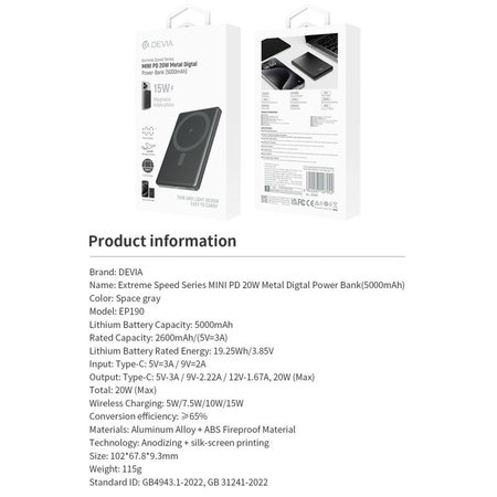 MagSafe PowerBank Extreme Speed Mini s displejom, PD 20W, 5000mAh, Space Grey, Devia