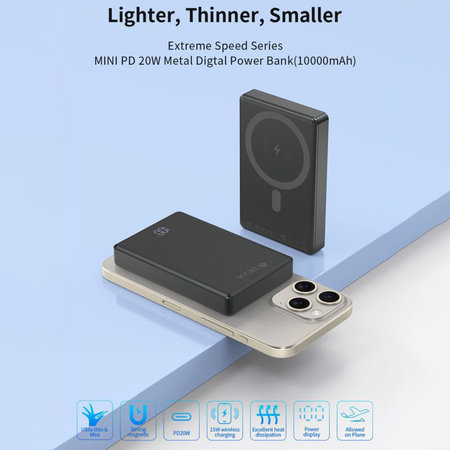 MagSafe PowerBank Extreme Speed Mini s displejom, PD 20W, 10000mAh, Space Grey, Devia