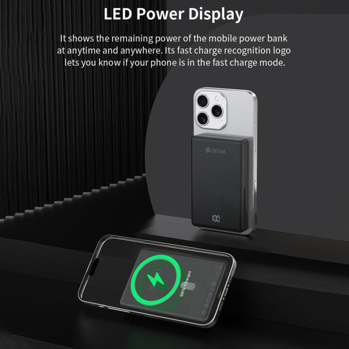 MagSafe PowerBank Extreme Speed Mini s displejom, PD 20W, 10000mAh, Space Grey, Devia