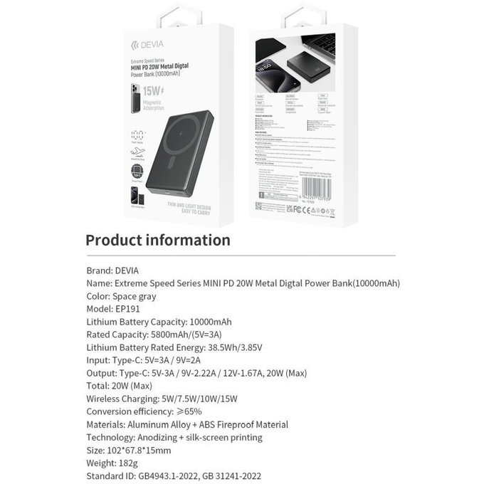 MagSafe PowerBank Extreme Speed Mini s displejom, PD 20W, 10000mAh, Space Grey, Devia