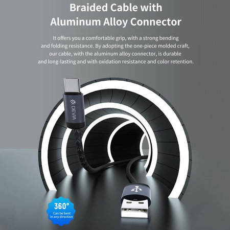 USB / USB-C kábel Gracious, 2.1A, 2m, čierna, Devia