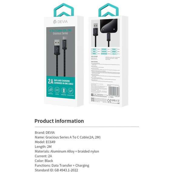 USB / USB-C kábel Gracious, 2.1A, 2m, čierna, Devia