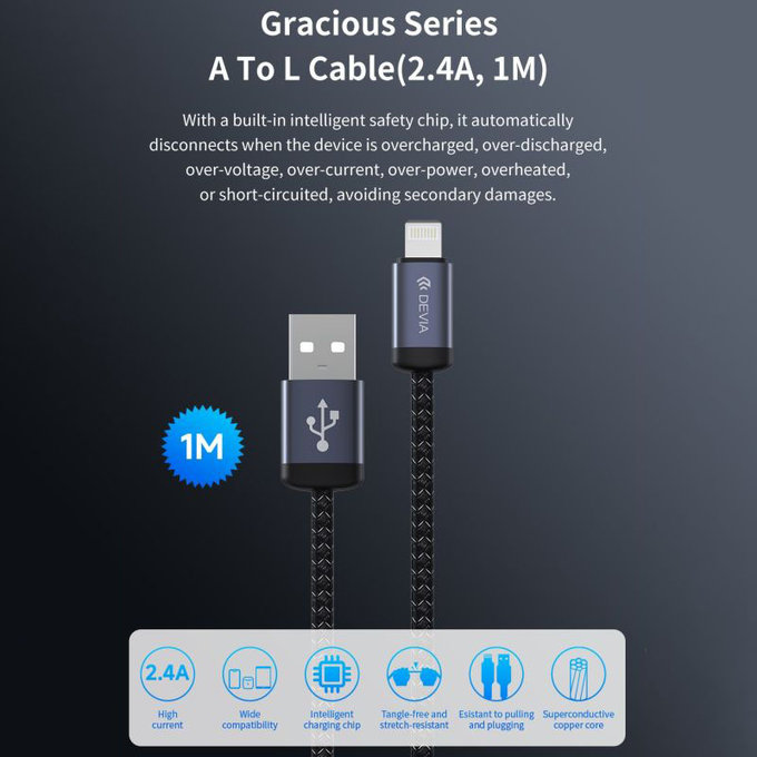 Lightning / USB kábel Gracious, 2,4A, 1m, čierna, Devia