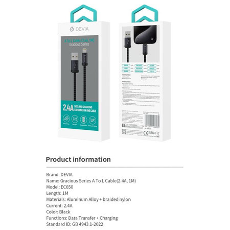 Lightning / USB kábel Gracious, 2,4A, 1m, čierna, Devia