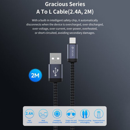 Lightning / USB kábel Gracious, 2,4A, 2m, čierna, Devia
