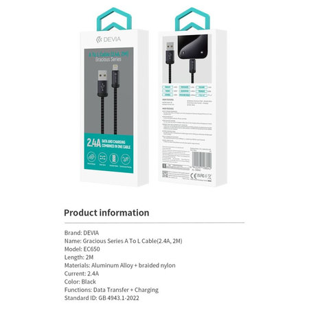 Lightning / USB kábel Gracious, 2,4A, 2m, čierna, Devia