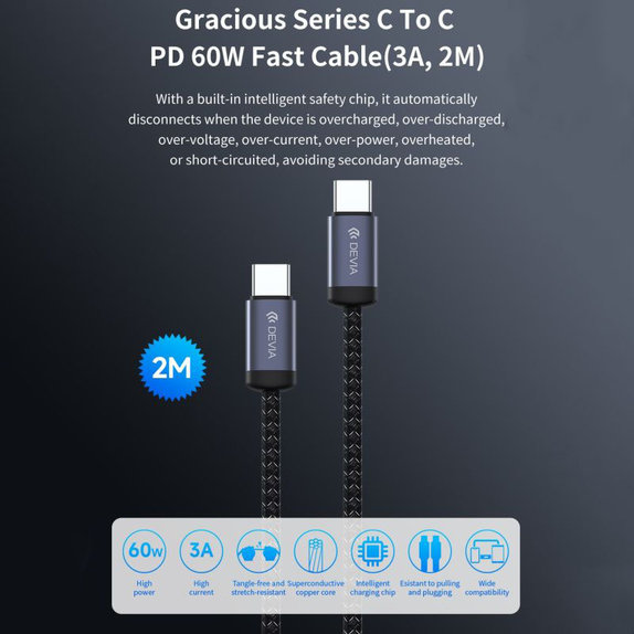 USB-C / USB-C kábel Gracious, PD 60W, 2m, čierna, Devia