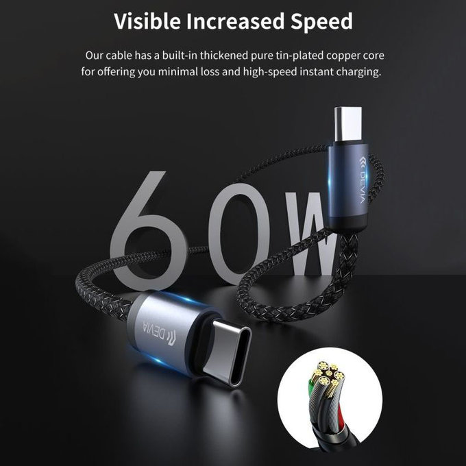 USB-C / USB-C kábel Gracious, PD 60W, 2m, čierna, Devia