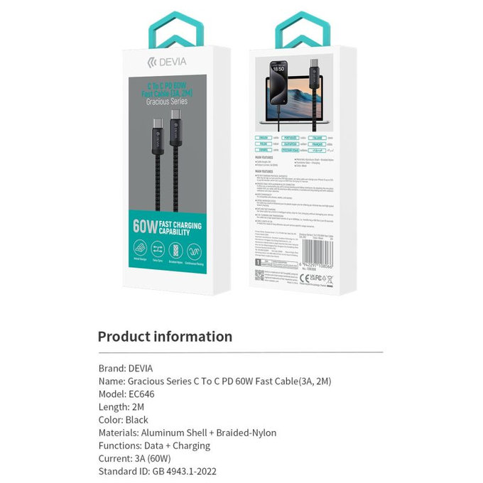 USB-C / USB-C kábel Gracious, PD 60W, 2m, čierna, Devia