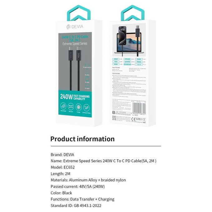 USB-C / USB-C kábel Extreme Speed, PD 240W, 2m, čierna, Devia