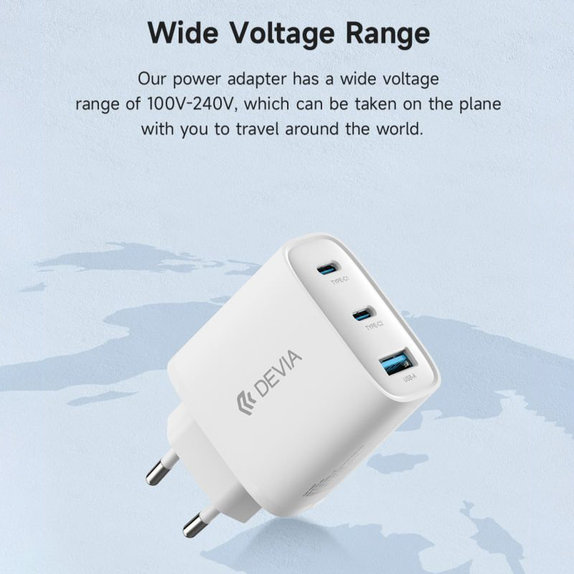 Nabíjací adaptér Extreme Speed, 2x USB-C + USB-A, PD 65W, biela, Devia