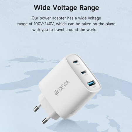 Nabíjací adaptér Extreme Speed, 2x USB-C + USB-A, PD 65W, biela, Devia