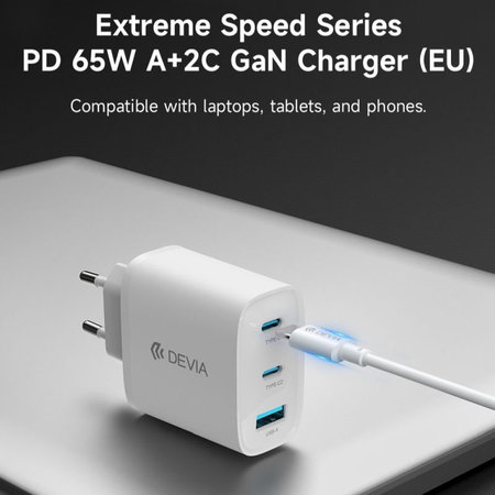 Nabíjací adaptér Extreme Speed, 2x USB-C + USB-A, PD 65W, biela, Devia