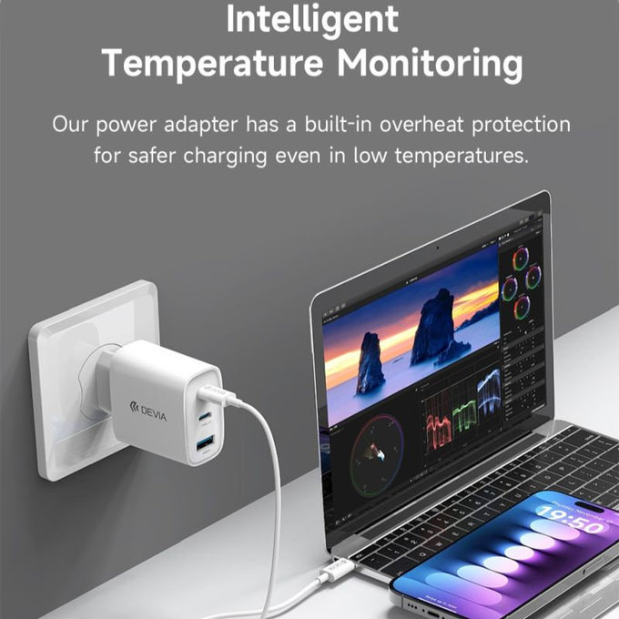 Nabíjací adaptér Extreme Speed, 2x USB-C + USB-A, PD 65W, biela, Devia