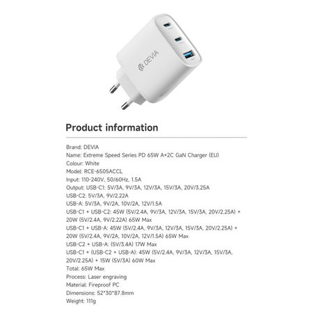 Nabíjací adaptér Extreme Speed, 2x USB-C + USB-A, PD 65W, biela, Devia