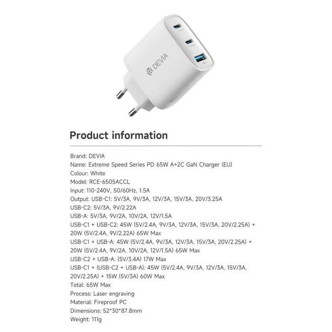 Nabíjací adaptér Extreme Speed, 2x USB-C + USB-A, PD 65W, biela, Devia