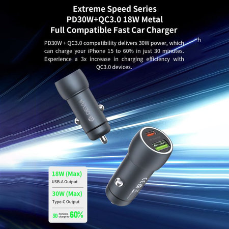 Autonabíjačka Extreme Speed USB-C + USB-A, PD 30W, QC 3.0 18W, sivá, Devia